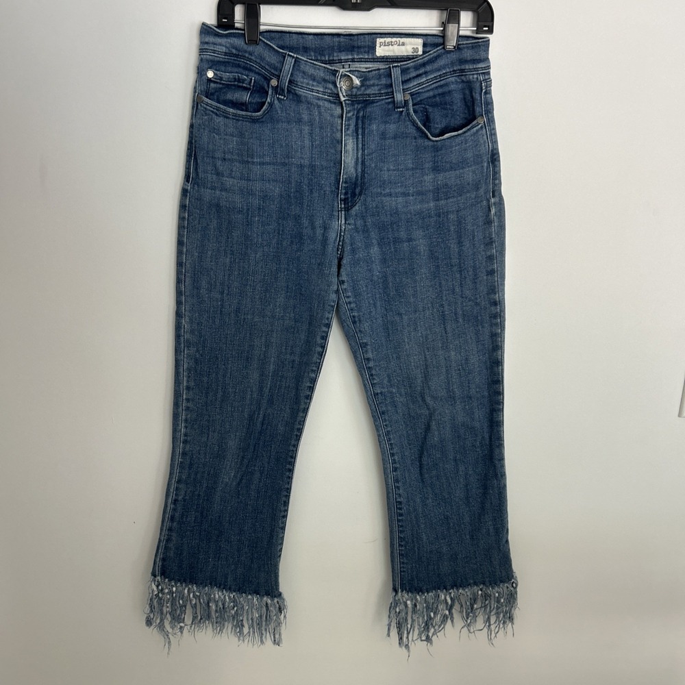Pistol Women's Jeans Size 30 Blue Denim Cropped With Fringe
